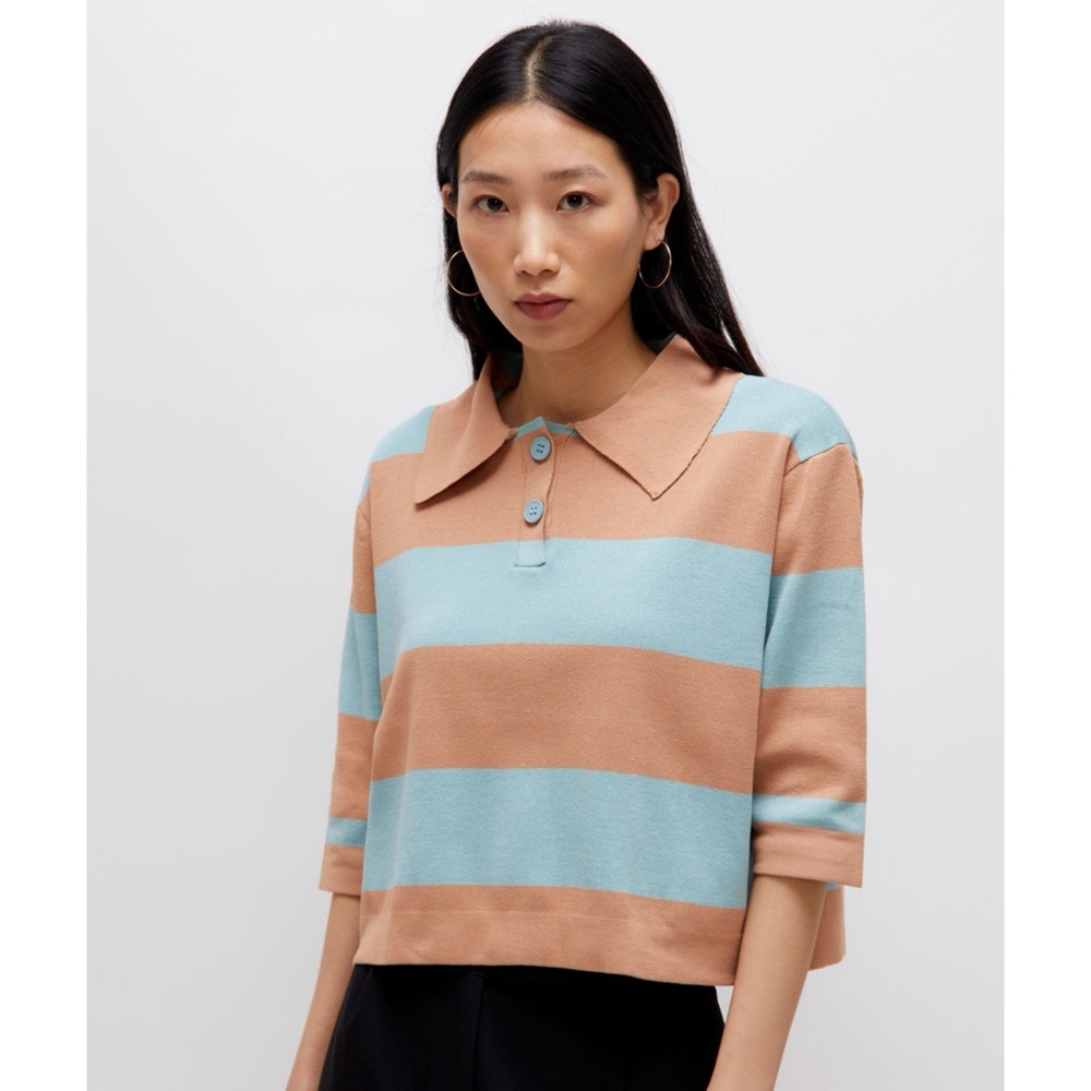 Striped Polo Sweater in Tan and Light Blue